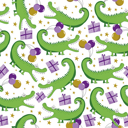Birthday alligator seamless pattern
