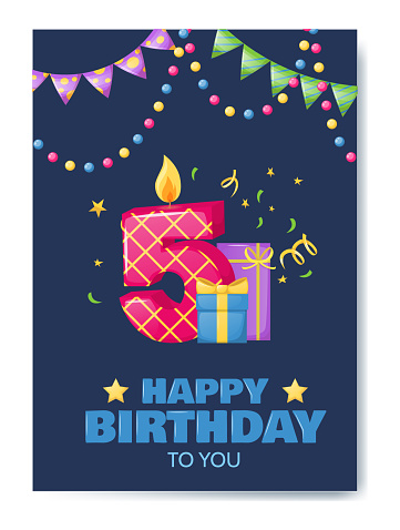 Birthday anniversary number candle. Cheerful celebration gift card with burn candle for cake, birthday number five, holiday decoration. Candle in form of number box with gift for birthday poster