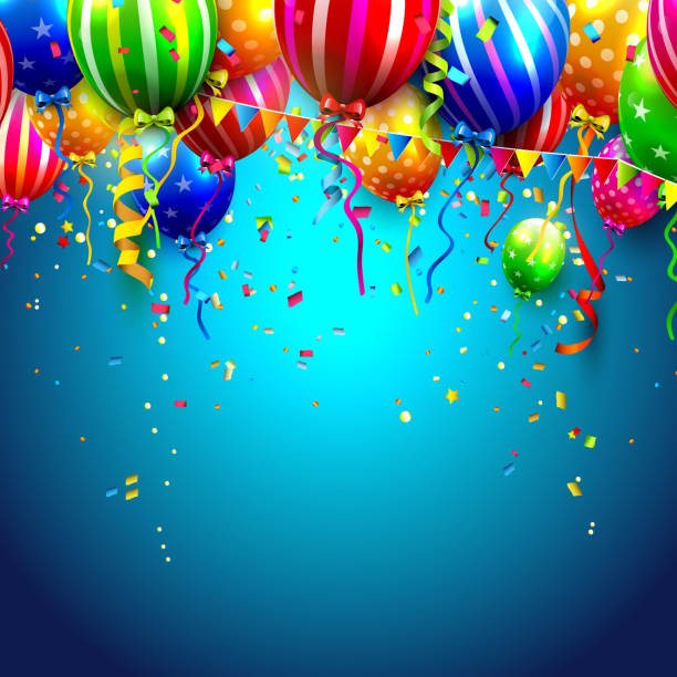 Birthday background Birthday card with colorful balloons and confetti on blue background balloon backgrounds stock illustrations