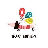 Greeting card with cute dachshund dog in a striped shirt with balloons and an inscription - happy birthday. Vector illustration.