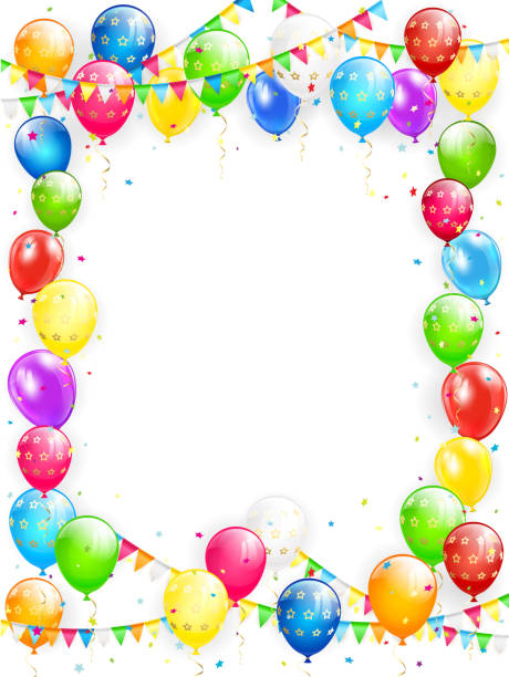 Birthday balloons and confetti on white background Birthday theme, frame of flying colorful balloons, multicolored pennants and confetti on white background, illustration. balloon borders stock illustrations