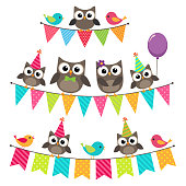 Set of vector birthday party elements with family of cute owls sitting on bunting