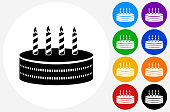 Birthday Cake Icon on Flat Color Circle Buttons. This 100% royalty free vector illustration features the main icon pictured in black inside a white circle. The alternative color options in blue, green, yellow, red, purple, indigo, orange and black are on the right of the icon and are arranged in two vertical columns.