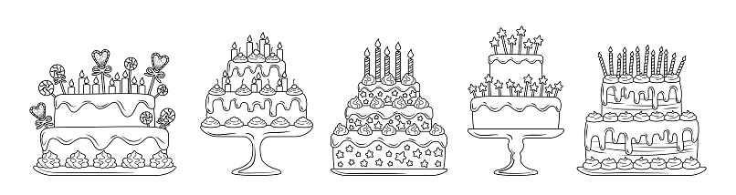 Birthday cake linear flat set line desserts vector