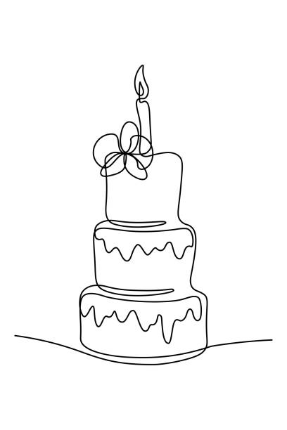Birthday cake Birthday cake in continuous line art drawing style. Large three-layer  holiday cake with candle on the top and flower decoration. Black linear sketch isolated on white background. Vector illustration anniversary drawings stock illustrations