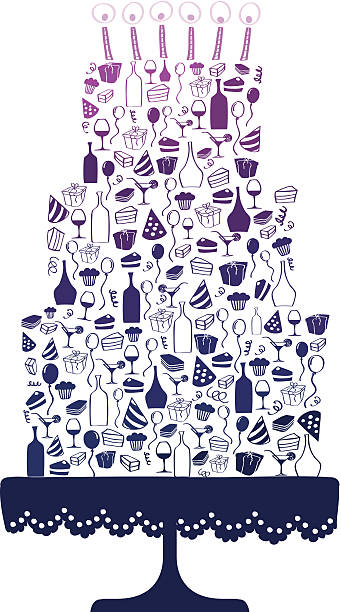 Birthday cake Birthday cake made of party icons and elements. Vector illustration. Editable colors and background. happy birthday wine bottle stock illustrations