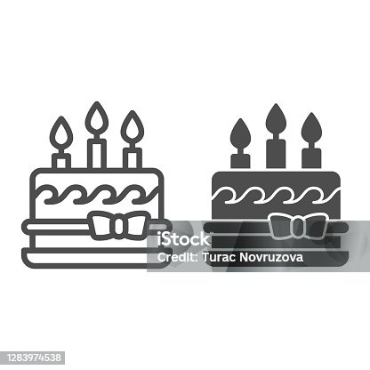 istock Birthday cake with bow and candles line and solid icon, Birthday cupcake concept, dessert with three candles and bow sign on white background, holiday cream cake icon in outline style. Vector graphic. 1283974538