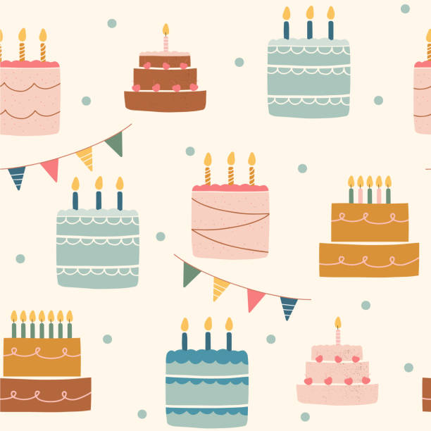 Birthday cakes. Flat vector seamless pattern. birthday cake stock illustrations