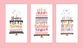 Set of birthday greeting cards with different cakes.
Editable vectors on layers.