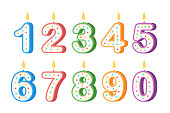 Birthday candles in the form of numbers. Template set of symbols for invitation to the anniversary. Vector flat design isolated on white background