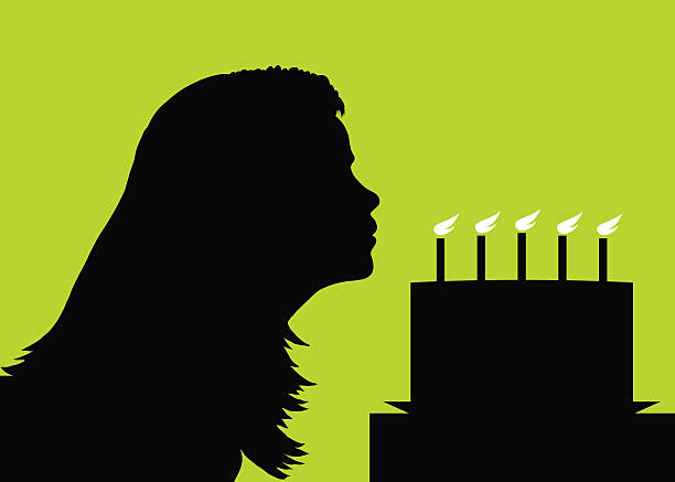Birthday Candles Woman blowing out candles on a birthday cake. birthday silhouettes stock illustrations