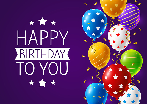 Birthday card with a border of bright multi-colored balloons and confetti on a purple background