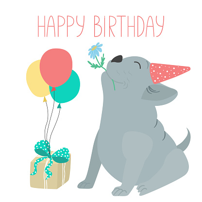 Birthday card with a dog. Vector illustration of a dog character holding a flower in his teeth, box gift and balloons. Printable square format greeting card