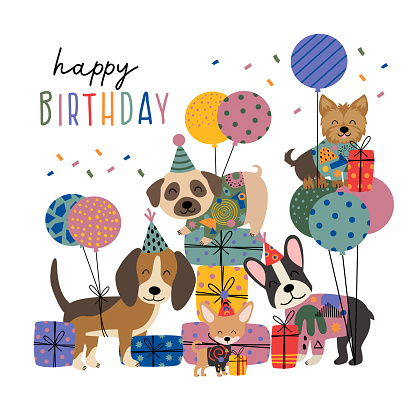 birthday card  with cute funny dogs and gifts