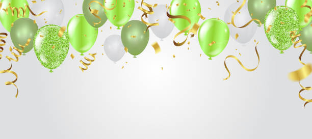 ilustraciones, imágenes clip art, dibujos animados e iconos de stock de tarjeta de cumpleaños con los globos verdes. feliz cumpleaños - retirement