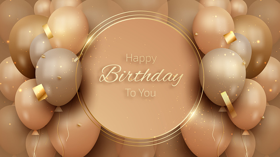 Birthday card with luxury balloons and gold ribbon. 3d realistic style.