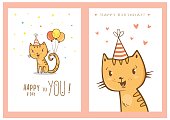Birthday cards set with cute cartoon cats. Balloons and party hats, hearts and confetti. Vector contour image. Little kittens. Funny animals.