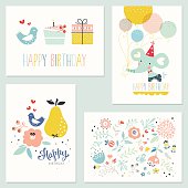 Set of 4 birthday cards with decorative flowers, baby elephant, balloons, pear, floral elements, leaves, branches, bird, butterfly, hearts, gift box, and birthday cake. Good for greeting cards, birthday cards, birthday invitations, posters and scrapbooking. Vector illustration.