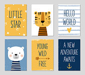 Birthday cards with cartoon tiger and bear for baby boy and kids. Can be used for baby shower, birthday, party invitation.