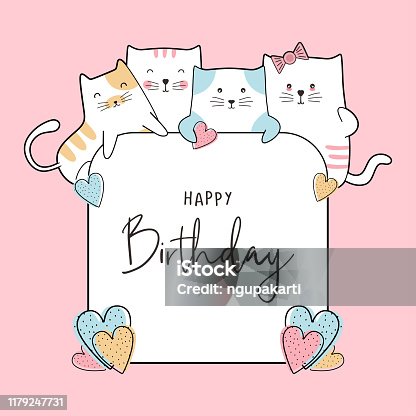 istock Birthday celebration card design with cute baby cats drawing. Funny happy decoration for kids and children anniversary banner, background, and flyer template. Vector illustration pastel colors. 1179247731