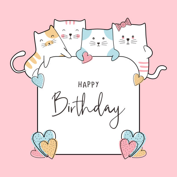 Birthday celebration card design with cute baby cats drawing. Funny happy decoration for kids and children anniversary banner, background, and flyer template. Vector illustration pastel colors.  happy birthday cat stock illustrations