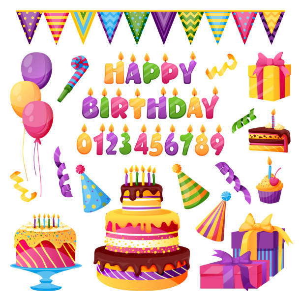 Birthday celebration party decor. Vector candles with numbers, Happy Birthday letters, gift, cake design elements Birthday celebration, holiday party decor. Vector icons. Candles with numbers, Happy Birthday letters, gift, cake, balloons, isolated on white background. Design elements for invitation, greeting card birthday cake stock illustrations
