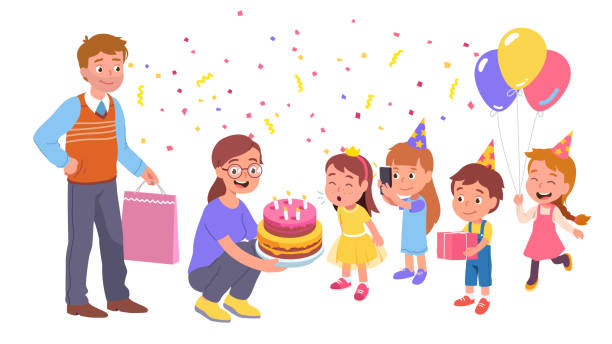Birthday celebration party. Girl kid blowing out candles on cake. Mother, father, friends holding gifts, balloons, taking photos, celebrating birthday. Children having fun. Flat vector illustration Birthday celebration party. Girl kid blowing out candles on cake. Mother, father, friends holding gifts, balloons, taking photos, celebrating birthday. Children characters having fun. Flat style vector isolated illustration anniversary clipart stock illustrations