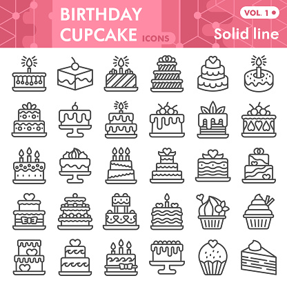 Birthday cupcake line icon set, Sweets symbols collection or sketches. Sweet pastry linear style signs for web and app. Vector graphics isolated on white background