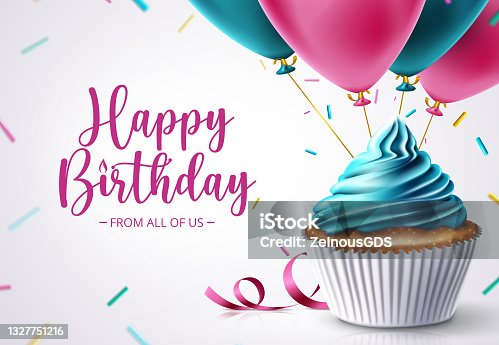 istock Birthday cupcake vector design. Happy birthday text with celebrating elements like cup cake, balloons and sprinkles for birth day celebration greeting card decoration. 1327751216