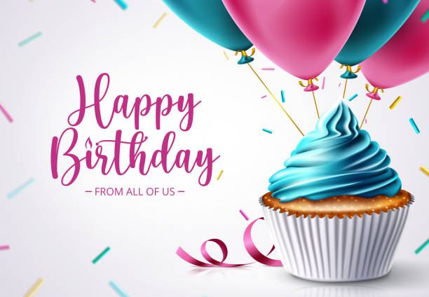 stockillustraties, clipart, cartoons en iconen met birthday cupcake vector design. happy birthday text with celebrating elements like cup cake, balloons and sprinkles for birth day celebration greeting card decoration. - verjaardag