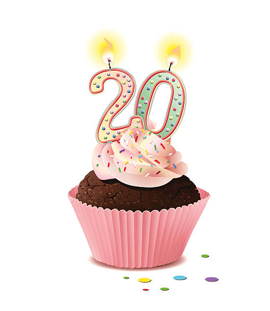 с днем рождения капкейк с свеча число 20 - 20 24 года stock illustrations