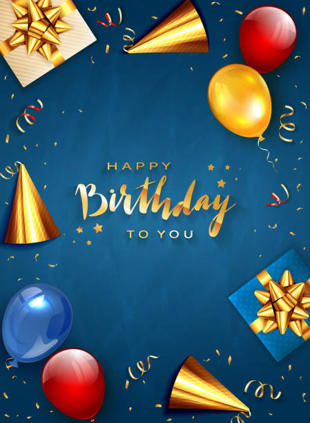 Birthday Decorations on Blue Background with Balloons Lettering Happy Birthday on blue background with holiday balloons, party hat, realistic gifts with golden bows and balloons. Illustration can be used for holiday design, posters, cards, banners. balloon borders stock illustrations