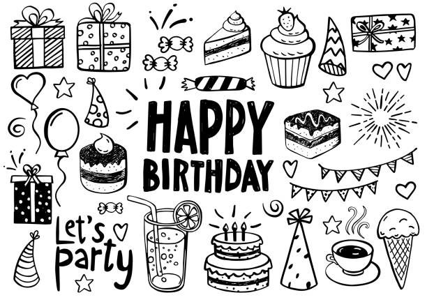 Birthday Doodles and Sketches Collection of birthday doodles, sketches - can be used as invitation card or decoration material for birthday parties and celebrations birthday illustrations stock illustrations