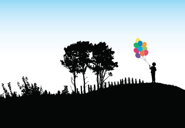 Birthday Dream Silhouette of a boy in a big open field holding colorful helium balloons birthday silhouettes stock illustrations