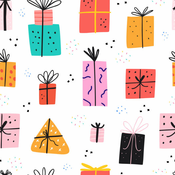 Birthday gift boxes flat vector seamless pattern Birthday gift boxes flat vector seamless pattern. Festive wrapped presents on white background. Anniversary surprises decorative backdrop. Bday celebration wrapping paper, textile design gift designs stock illustrations