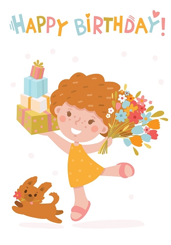 birthday greeting card with a little girl and her puppy