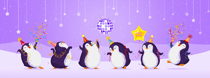 Birthday greeting card with cute dancing penguins. Purple background with stars, disco ball, snowflakes and mountains. Funny birds in different birthday caps. Vector cartoon illustration. All elements are isolated.