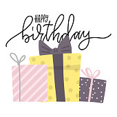 istock Birthday greeting carddesign. Bday presents postcard or banner template with happy birthday lettering typography. Pile of gift boxes. Hand drawn flat vector Scandinavian style 1313326506