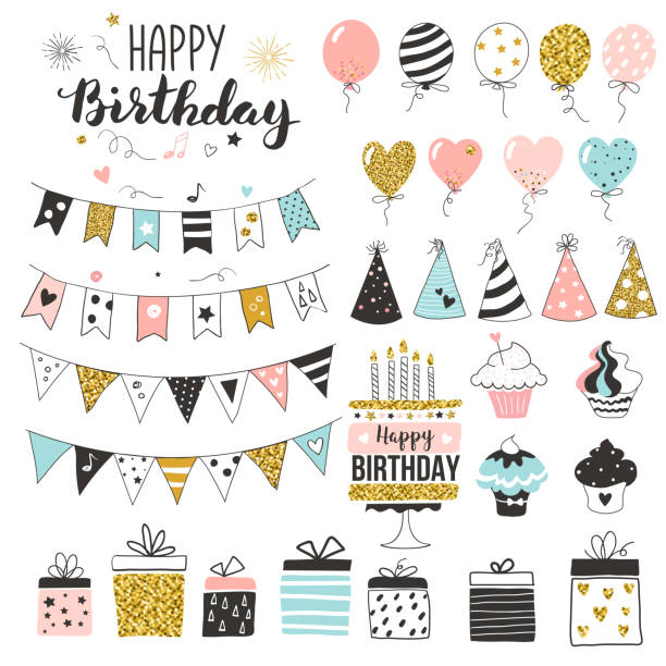 Birthday greeting party elements Birthday greeting party elements, set of balloons, flags, cupcakes, gift boxes, garlands and hats, pastel colors, hand drawn style gift drawings stock illustrations