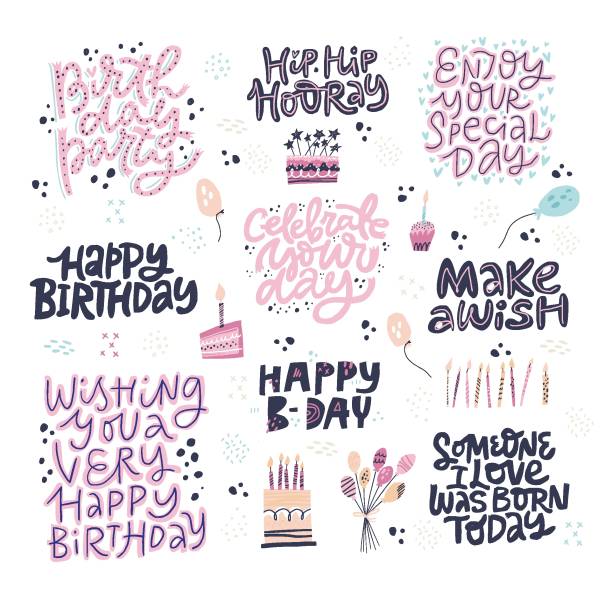 Birthday hand drawn greeting cards set Birthday hand drawn greeting cards set. Festive vector postcards with lettering. Make a Wish, Happy B-day, Celebrate your Day phrases. Party invitation cards with balloons, cakes with candles birthday clipart stock illustrations