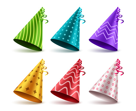 Birthday hat vector set design. Birthday hat 3d realistic elements with patterns