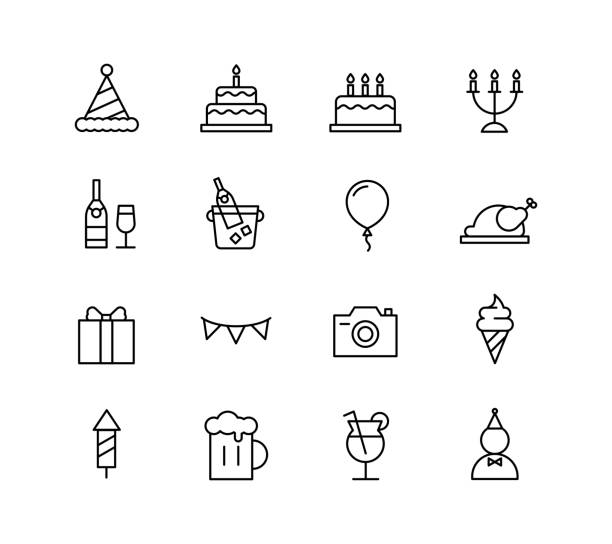 Birthday icons Birthday party event icon set. outline simple vector illustration. balloon clipart stock illustrations