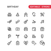 Set of birthday vector icons. Editable stroke.