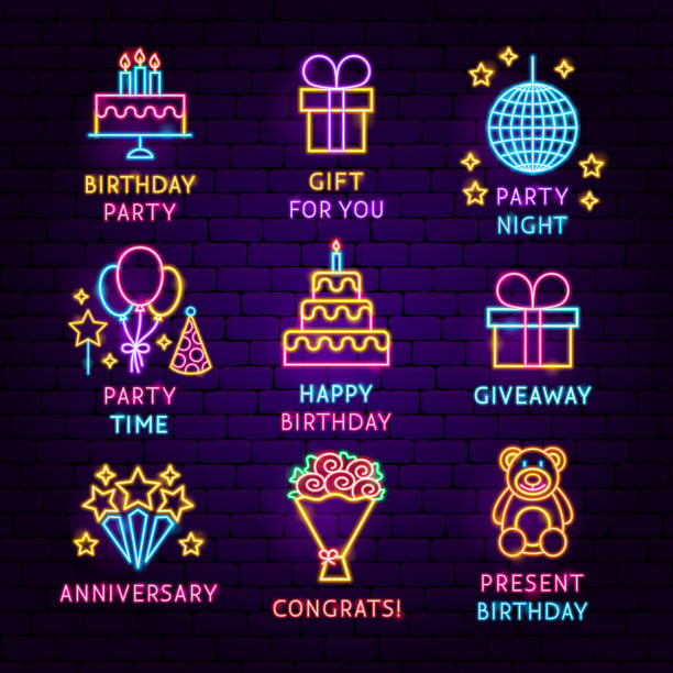 Birthday Neon Label Set Birthday Neon Label Set. Vector Illustration of Celebration Promotion. birthday symbols stock illustrations