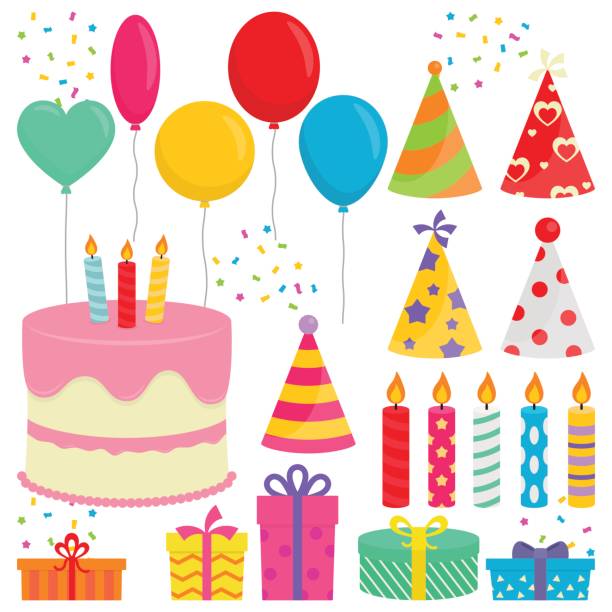 Birthday Party Collection In White Background Birthday party things birthday candle stock illustrations