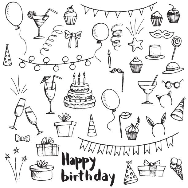 birthday party doodle set birthday party doodle set, vector isolated hand drawn elements anniversary drawings stock illustrations