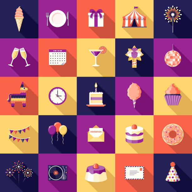 Birthday Party Flat Design Icon Set A flat design styled icon set with a long side shadow. Color swatches are global so it’s easy to edit and change the colors. birthday icons stock illustrations