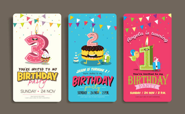 Birthday Party Invitation Card Template Birthday Anniversary Numbers Candle with Funny Character & Birthday Party Invitation Card Template party social event illustrations stock illustrations
