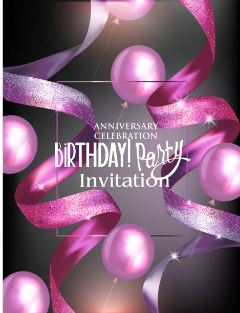 ilustrações de stock, clip art, desenhos animados e ícones de birthday party invitation card with beautiful ribbons and air balloons. vector illustration - happy birthday celebrity