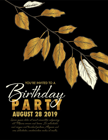 Birthday Party Invitation Template With Black And Gold Leaves